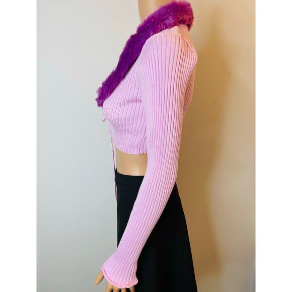Urban Outfitters Ribbed Cropped Cardigan Faux Fur Tie Front Sweater size M NWT - Picture 6 of 11